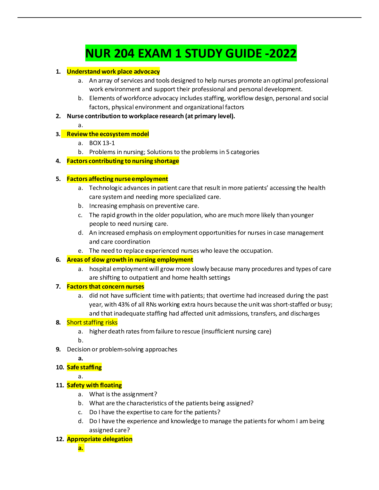 Preview image of NUR 204 EXAM 1 STUDY GUIDE -2022 document